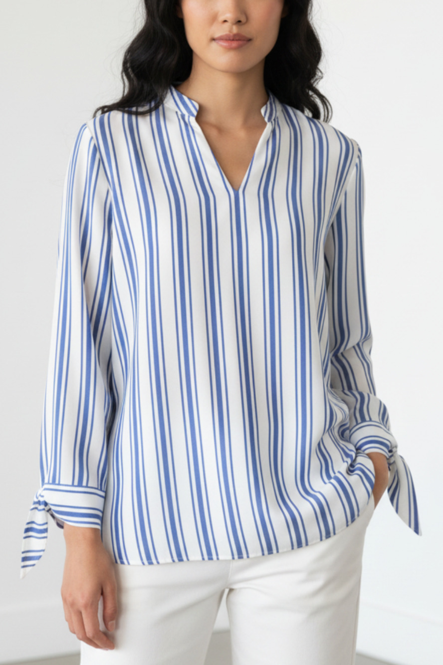 A5 Authentic NWoT LAFAYETTE 148 Blue White Striped Blouse 100% Silk Size L